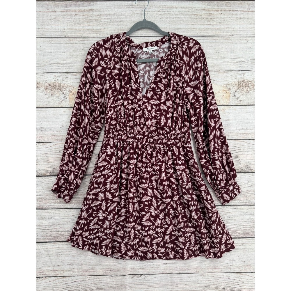 Madewell Mini Dress Womens M Burgundy Floral V-Neck Long Sleeve NS247